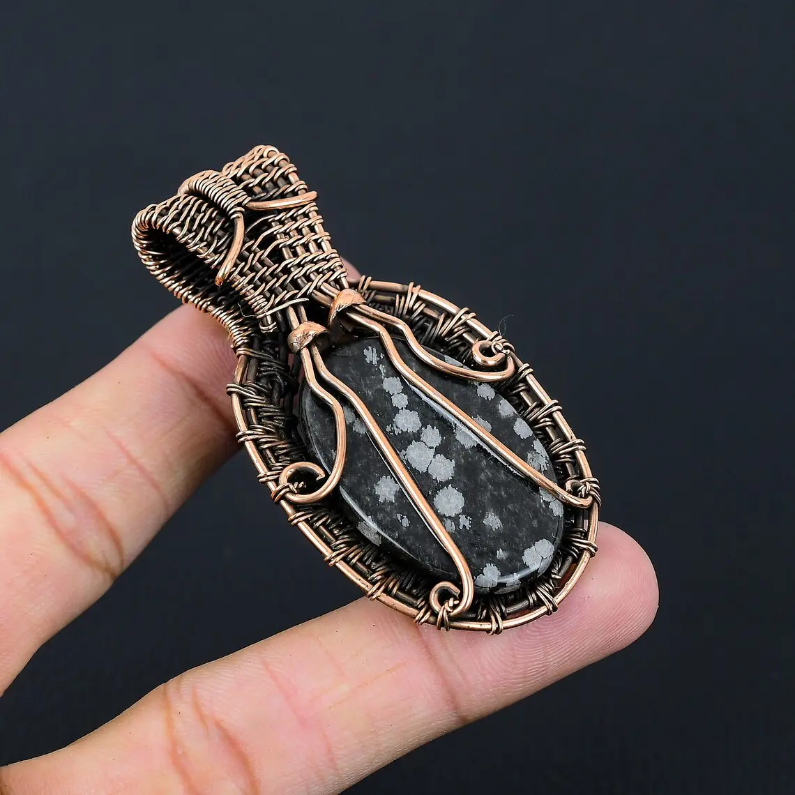 Bông tuyết Obsidian dây đồng bọc đá quý mặt dây chuyền đồng đồ trang sức làm bằng tay mặt dây chuyền obsidian đồ trang sức