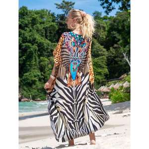 Vestido Largo Kaftan a Cuadros para Mujer, con Cuello Adornado, Ecológico, 100% Algodón, Ropa de Playa y Resort - Product Image 4