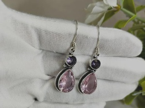 Boucles d'oreilles en Kunzite et Améthyste, pierres précieuses, argent sterling 925 plaqué or, faites à la main, bijoux mignons, pierre de naissance d'octobre, cadeau pour femme - Product Image 5