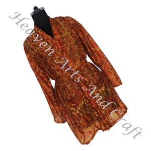 KS011 Beautiful Vintage Pure Silk Sari Vintage Kimono Short Robe With Double Pocket Night Robe Women Summer Vintage Sari Kimono - Product Image 1