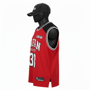 Camiseta de Baloncesto para Mujer, Transpirable, de Malla de Poliéster de 180 GSM, Paneles Laterales Rojos y Negros, Logotipo Personalizado con Transferencia de Calor, Algodón - Product Image 3