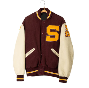 Maroon Cream Varsity <b>Jacket</b> <b>Men</b> Preppy Style Embroidered Letter S Patch Front <b>Long</b> Sleeve Autumn Wool Polyester Shell - Product Image 1