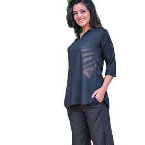 Black Solid New Arrival 2 Piece <b>Three</b> Quarter Sleeve Cotton Home Night Suit for Women - Product Image 3