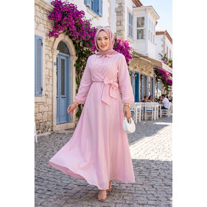 Abito Hijab a Righe Rosa con Laccetti Laterali e Vita Naturale - Product Image 1