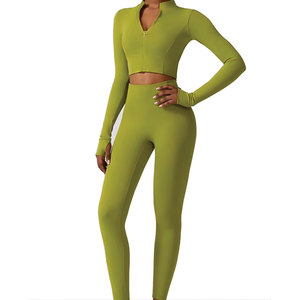 Conjunto de Yoga de 3 Piezas para Mujer, Diseño Moderno, Parte Delantera Sólida, 100% Algodón, Transpirable, Secado Rápido, Sin Costuras, Ligero, Cintura Elástica - Product Image 1