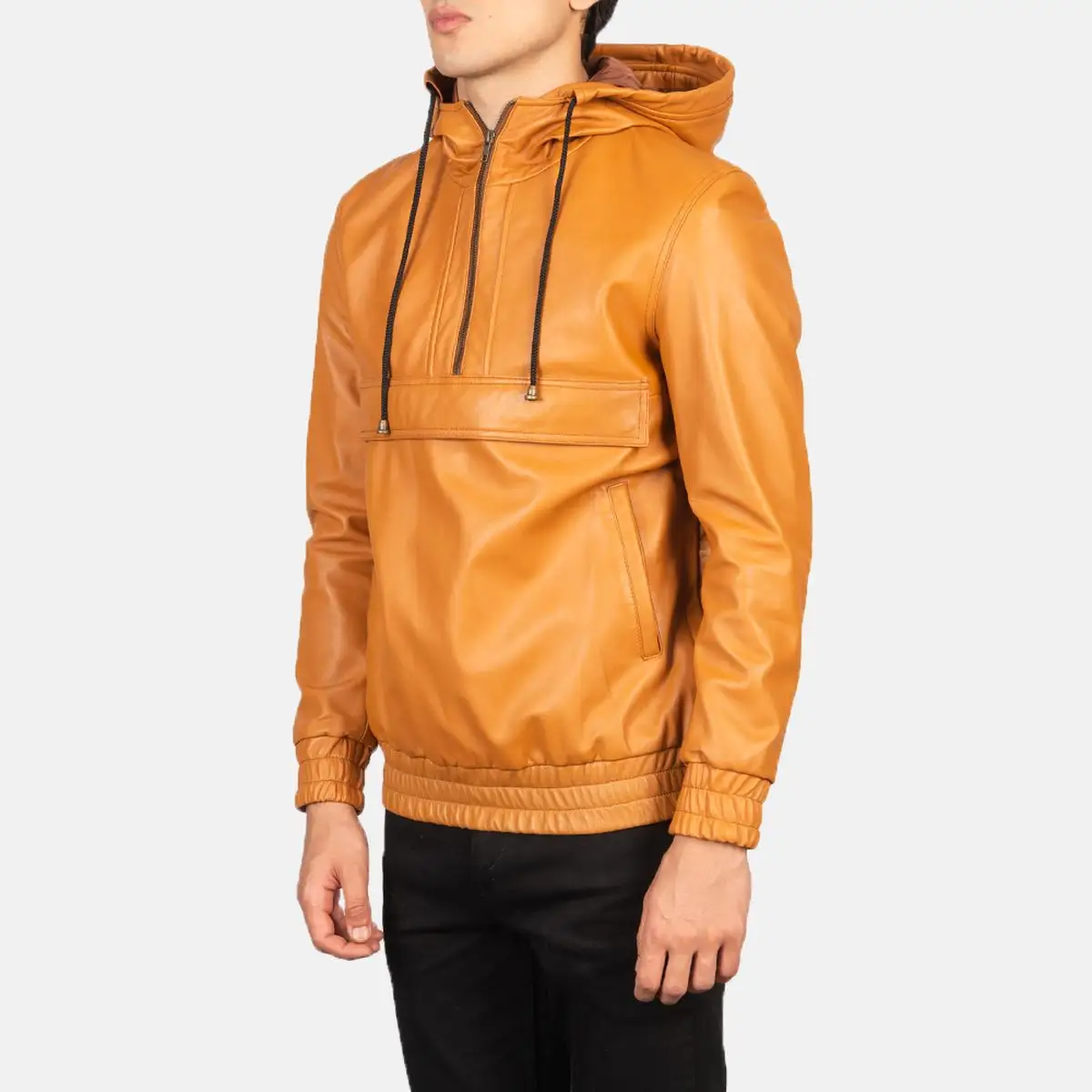 Brown leather hoodie half zip pullover jacket polyester lining men custom logo jackets