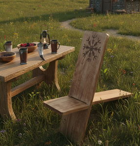 Chaise Viking Portable Personnalisée - Tabouret Pliant en Bois Détachable avec Symbole de Rune Aegishjalmur Sculpté Chaise de Camping Nordique - Product Image 1