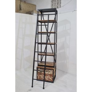 Modern Style Antique Tall <b>Thin</b> Bookshelf Recycled Indian Ethnic Solid Wood Metal for Library Office Living Room Reading Room - Product Image 2