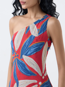 เดรสไหล่ข้างเดียวลายใบไม้สีแดงบอมเบย์ - Product Image 3