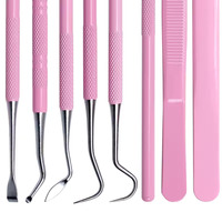 SET 8 Alat Pembersih Mulut Dokter Gigi Warna Pink, Termasuk Cermin Mulut, Pinset, Probe Ganda, Pencungkil, Skaler, Bahan Stainless Steel