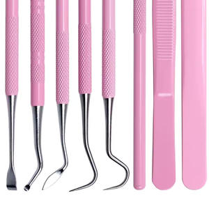 Kit de 8 outils dentaires roses pour le nettoyage buccal : miroir buccal, pinces, sonde double, curette, détartreur en acier inoxydable - Product Image 4