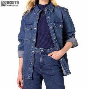 Veste en jean bleu nouveau style pour femmes avec motif solide col rabattu tissu tissé fermeture à boutons décontractée avec poches vestes - Product Image 1