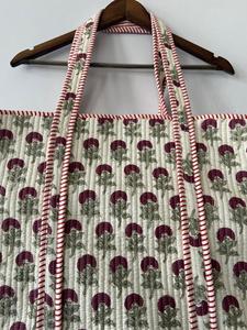 Handmade Quilted <b>Tote</b> <b>Bag</b> Block Print Cotton <b>Fabric</b> Beige & Maroon Floral Travel <b>Tote</b> Eco-Friendly Everyday <b>Bag</b> - Product Image 2