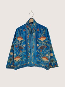 Veste décontractée pour femme en velours bleu, style bohème, broderie florale, col mandarin, manches longues, grande taille, pour l'automne - Product Image 1