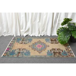 Alfombra grande de lana azul beige bohemio de 1,8x3,7 pies hecha a mano diseño turco clásico látex Rectangular Patchwork para habitación de pasillo - Product Image 2