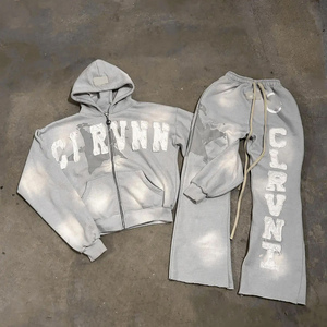 Personalizado de los hombres de talla grande de verano transpirable Zip-up Sudadera con capucha pantalones de chándal estilo Vintage bordado apliques conjunto 100% algodón - Product Image 5