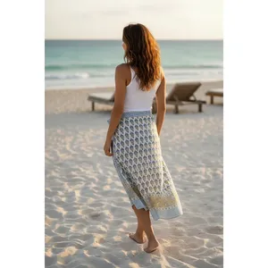 Bagru Block Print Floral White Cotton Sarong <b>Beach</b> <b>Wrap</b> Pareo Cover-Up - Product Image 3