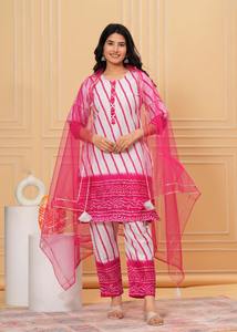 Conjunto de Kurta de rayón con estampado Floral para mujer, cuello hasta la rodilla, mangas 3/4 con pantalón y tejido Dupatta, lavable para salidas informales - Product Image 6