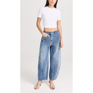 T-shirt haut court personnalisé pour femmes OEM 100% coton tissu côtelé coupe ajustée col rond tissu respirant étés Fitness Crop Top Tees - Product Image 6