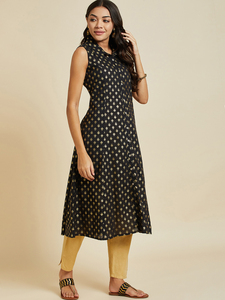 Conjuntos de Kurti para Mujer, Listos para Usar, Elegantes, Negros, de Algodón, Cuello en V, Sin Mangas, Corte en A, Premium, para Oficina, Casuales, a la Moda 2024, Étnicos - Product Image 4