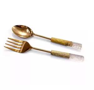 Ensemble cuillère et fourchette de serveur de salade polie en argent Ensemble d'ustensiles de cuisine de table de mariage Décor de vaisselle Ensemble de poignées nouées à fil à longue boucle - Product Image 5