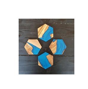 Wood and Blue Resin Stone Coaster for Drink Coffee Tea for <b>Bar</b> Kitchen Home for Hexagon Shape - Product Image 1