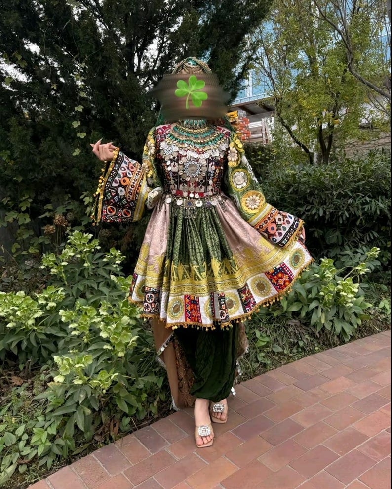 afghan dress Afghan Kuchi party Traditional Three Antique pieces Dress with charma Dozi work