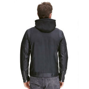 <b>Men's</b> <b>Shearling</b> Faux Fur Leather <b>Jacket</b> in Black Customized Canvas Fabric with Stand Collar and Front Logo High Quality - Product Image 5
