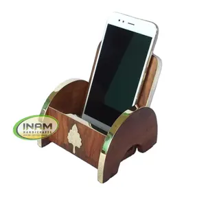 Beautiful and designer hand crafted brass inlay work wood mobile stand, Mobile stand for desk, Natural wooden cell phone stand,