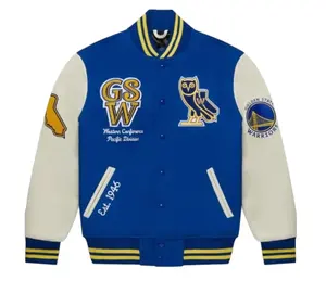 Chaqueta universitaria OVO estilo Letterman hecha a mano | Chaqueta azul Varsity State Warriors - Product Image 1