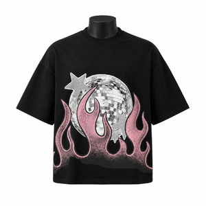 Camiseta Gráfica Extra Grande Personalizada, Estilo Vintage, Algodón Lavado, Streetwear, Estampado de Llamas, Moda Hip Hop, Fabricante OEM ODM - Product Image 1