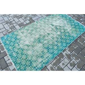 พรมตุรกีขนาด 3.37x6.1 ฟุต ลายตารางสีน้ำเงิน พรมขนสัตว์วินเทจ - Product Image 2