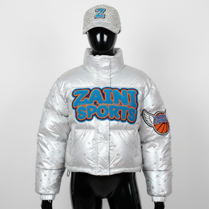 Chaqueta acolchada plateada brillante para mujer, tela de poliéster de alta densidad, bordado de logotipo de chenilla personalizado, chaqueta acolchada de Invierno para mujer - Product Image 1