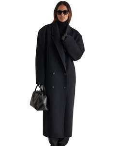 Manteau long en laine pour femme de couleur noir jais avec col large à revers, style double boutonnage, élégant manteau d'hiver tendance, vêtement d'extérieur - Product Image 1