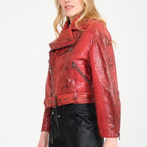 Veste en cuir de Python rouge pour femme, nouveau Style motard en cuir véritable gaufré Python - Product Image 4