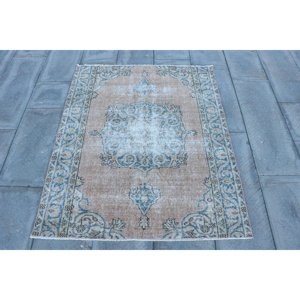 Alfombra Turca de 3.6x4.4 pies, Alfombra Vintage, Alfombra de Lana Azul Sólida - Product Image 1