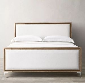 Lit en bois massif avec cadre en panneaux et pieds métalliques, taille King/Queen, avec tête de lit en cuir – Meilleures ventes - Product Image 3