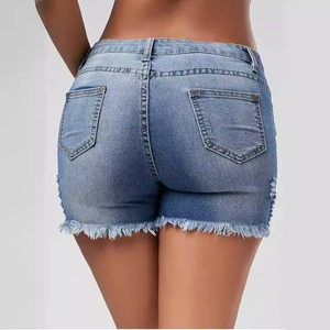 Women’s Vintage Style Denim <b>Shorts</b> with <b>High</b> Rise <b>Waist</b>, Loose Fit Silhouette, Faded Wash, Distressed Accents and Raw Edge Hem - Product Image 4