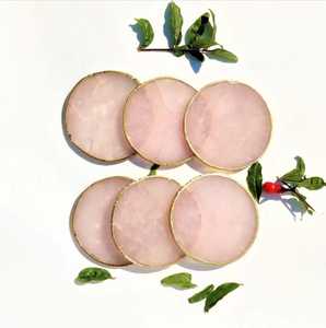 Elegant Pink Rose Quartz Coasters Natural Crystal Carved <b>Gold</b> <b>Trim</b> Agate Slice for Drinks Decoration Factory Sale Feng Shui - Product Image 5