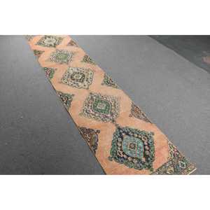 2.8x12.7 ft Turkish Rug, Vintage <b>Runner</b> Rug, Orange <b>Green</b> Persian Wool Rug - Product Image 2