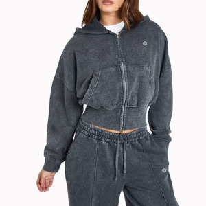 Ensemble sweat à capuche zippé délavé et pantalon de survêtement coupe décontractée pour femme, taille élastique, vêtements de détente pour la fabrication de vêtements en gros - Product Image 3