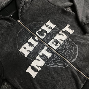 Ensemble de sweat à capuche lavé à l'acide avec logo personnalisé en polaire technique vieilli brodé en chenille de haute qualité avec fermeture éclair saison d'hiver - Product Image 5