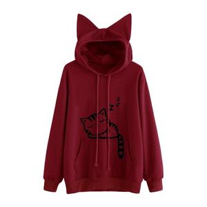 Jersey de manga larga con estampado de gato de otoño para mujer, Jersey de seda transpirable, cuello con capucha de talla grande para adultos - Product Image 2
