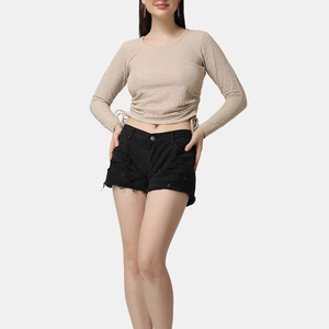 Top corto de manga larga de algodón de alta calidad para mujer con nuevo diseño de cordón, ropa de cuello corto para verano, estampado, comodidad - Product Image 3