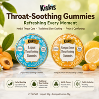 Gummies apaisantes pour la gorge KisKis au goût unique, aux herbes chinoises, au mojavel, au kumquat et au citron, rafraîchissantes, en sachet de 50g