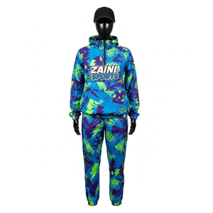 Ensemble coupe-vent pour femmes en polyester 120 GSM, imprimé intégral bleu, vert, violet, avec logo personnalisé par transfert thermique, coupe-vent grande taille - Product Image 1