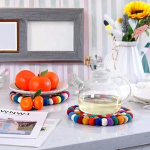 Best Decorative Tableware Round Wooden Table <b>Coaster</b> <b>Set</b> With Beast Design Felt Ball Mat/Pad for Parties and Other Functions - Product Image 3