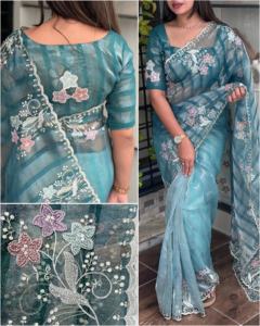 เสื้อส่าหรีผ้าไหมเนื้อนิ่มงานปักและหินเครื่องแต่งกายที่สวยงามกำลังมาแรง - Product Image 5