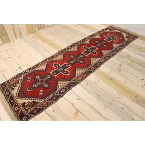 Tapis turc 2,6 x 9,4 pieds, tapis de couloir vintage, tapis en laine rouge et bleu ombré - Product Image 1