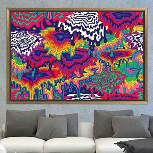 Toile d'art psychédélique : Décoration murale moderne imprimée en couleurs, TOILE ENCARTÉCHÉE DANS UN CADRE DORÉ - Product Image 1